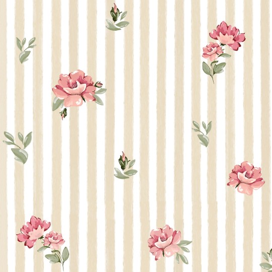 Dekornik DEKO.TAP.511 Pink Roses on Stripes - tapeta w kwiatki na tle w pasy