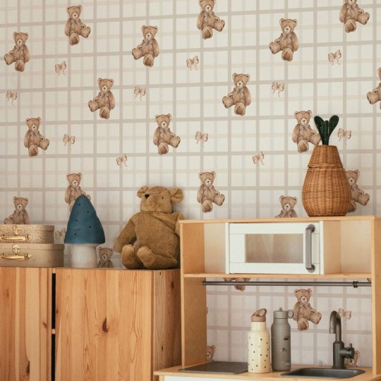 Dekornik DEKO.TAP.516 Teddy Bears on Check Beige - tapeta w misie na tle w kratkę