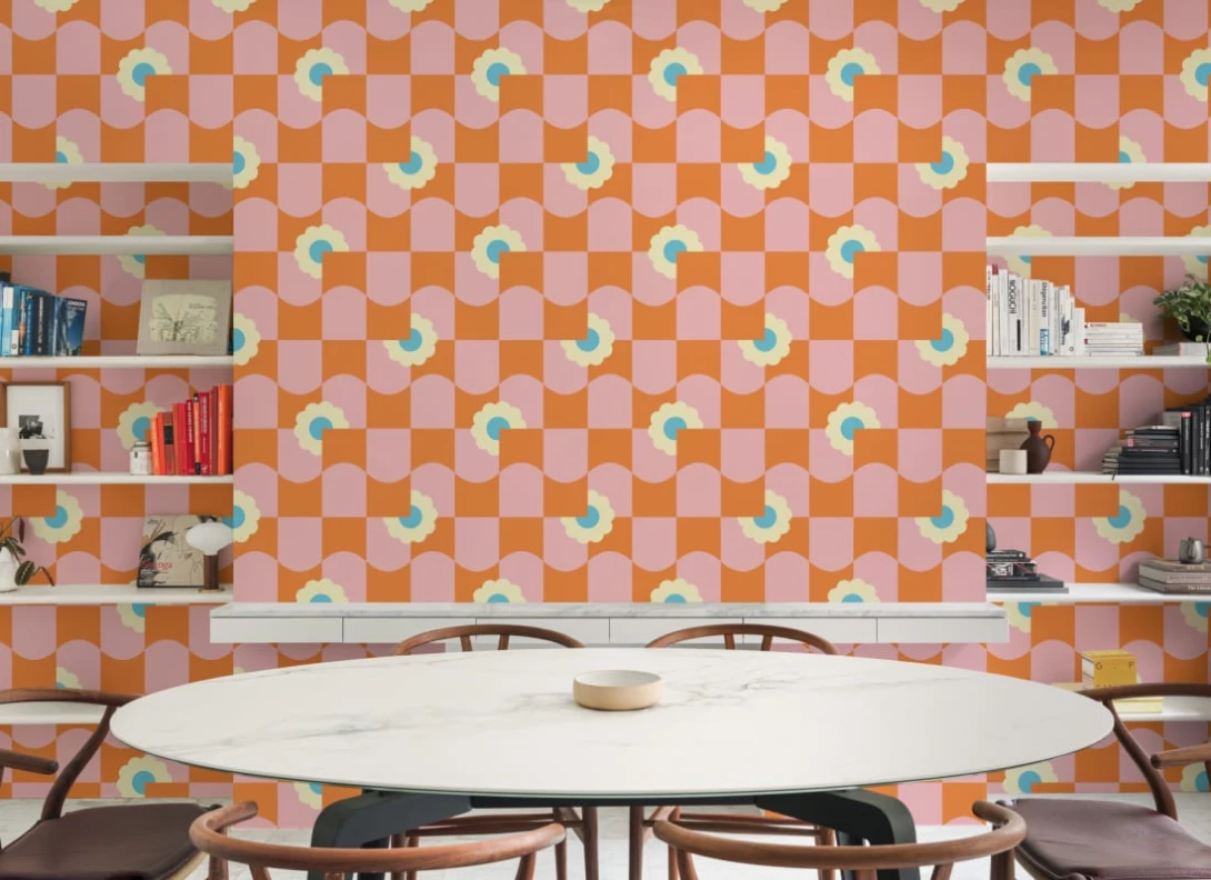 Hovia GE5707OR11R Petal Pop Pink - tapeta w kwiaty i geometryczny wzór retro