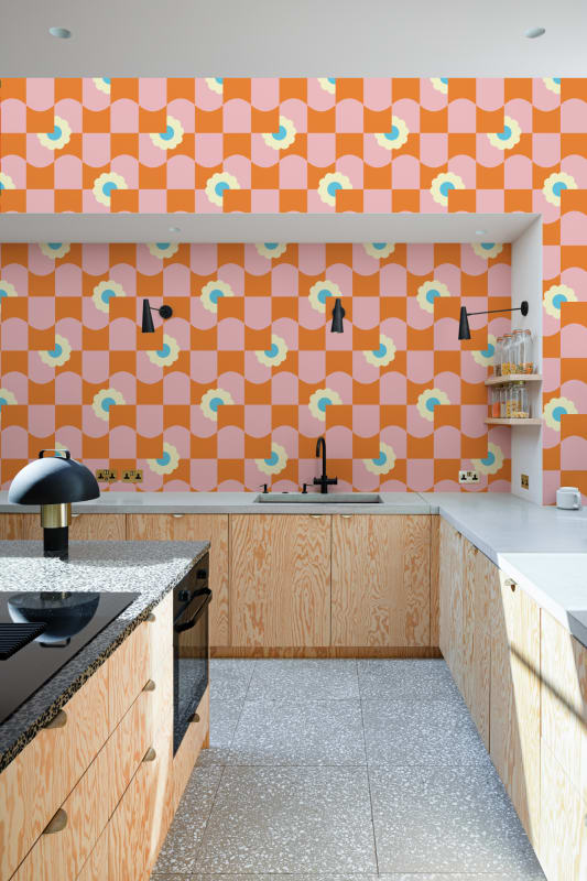 Hovia GE5707OR11R Petal Pop Pink - tapeta w kwiaty i geometryczny wzór retro