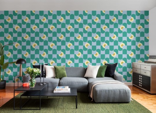 Hovia GE5708GR11R Petal Pop Green - tapeta w kwiaty i geometryczny wzór retro