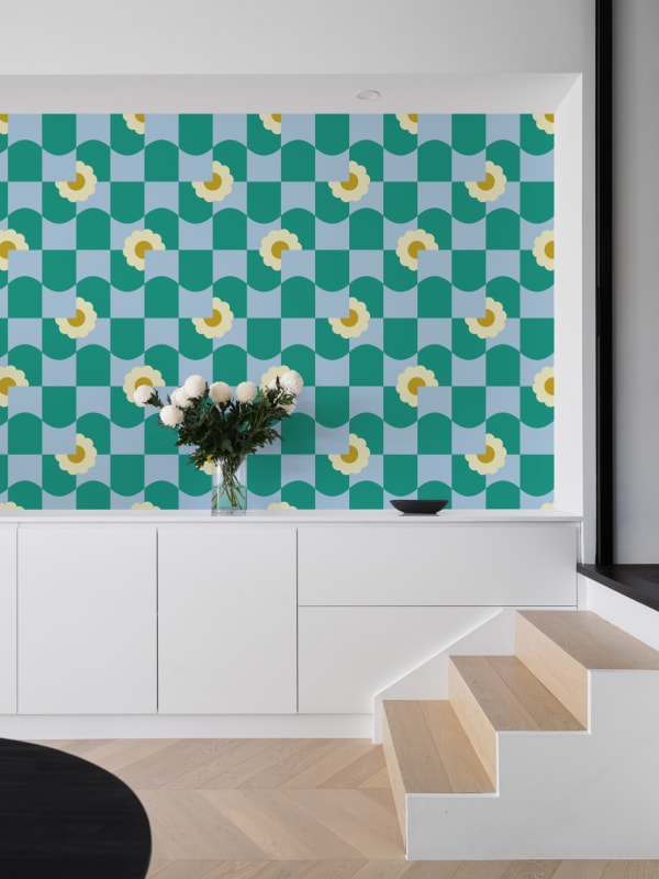 Hovia GE5708GR11R Petal Pop Green - tapeta w kwiaty i geometryczny wzór retro