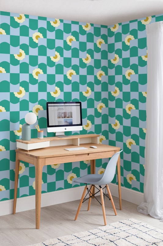 Hovia GE5708GR11R Petal Pop Green - tapeta w kwiaty i geometryczny wzór retro