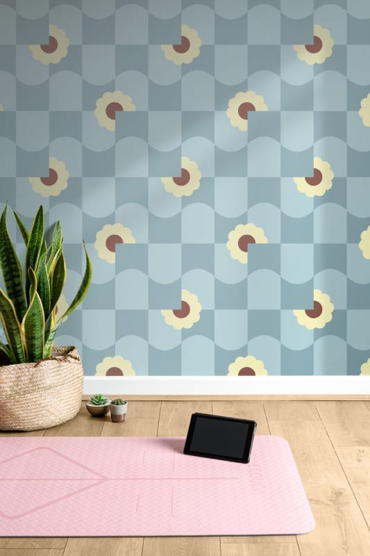 Hovia GE5710BU11R Petal Pop Blue - tapeta w kwiaty i geometryczny wzór retro