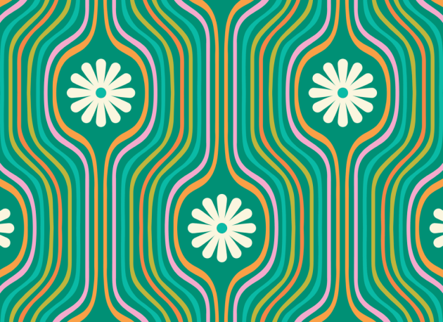 Hovia FL5701GR11R Joyride Green - tapeta w kwiaty i linie w stylu retro