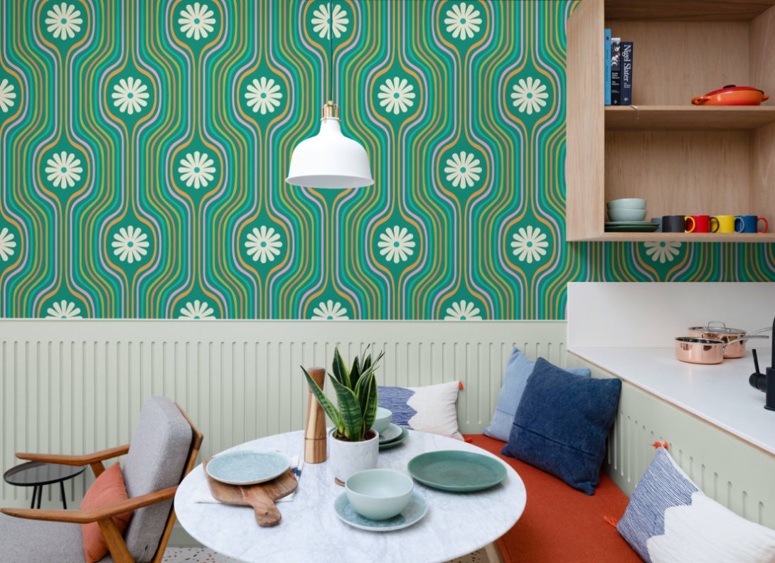 Hovia FL5701GR11R Joyride Green - tapeta w kwiaty i linie w stylu retro