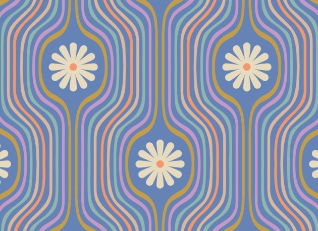 Hovia FL5702PU11R Joyride Purple - tapeta w kwiaty i linie w stylu retro