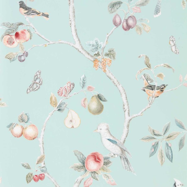 Sanderson 216312 Country Woodland Fruit Aviary Duck Egg - tapeta w gałęzie, ptaki i owoce
