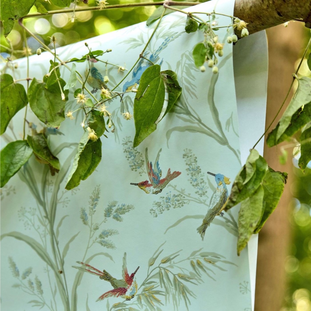 Sanderson 214082 Country Woodland Tuileries Sage - tapeta w kolibry