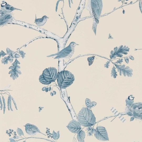 Sanderson 215705 Country Woodland Chorus Indigo - tapeta w ptaki na gałęziach