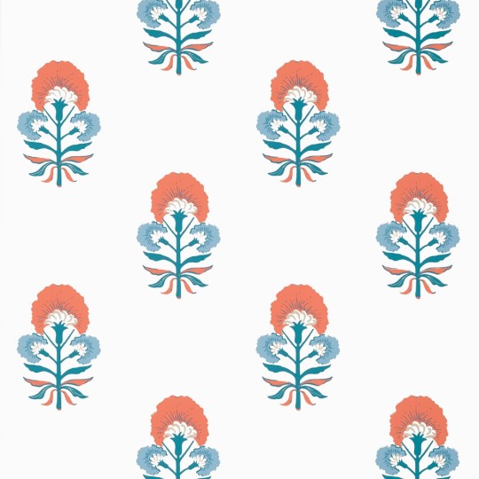 Thibaut T16213 Kismet Tybee Bud French Blue and Coral - tapeta w symetryczne kwiaty
