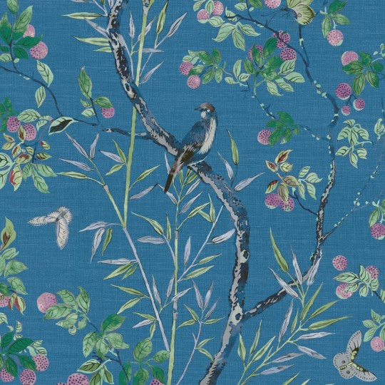 Thibaut T42008 Sojourn Claire Navy - tapeta w drzewo i ptaki