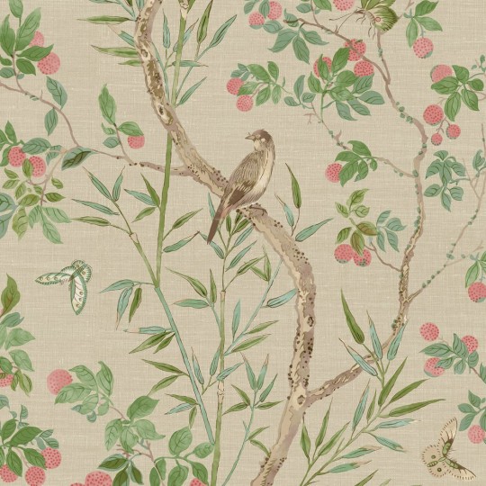Thibaut T42009 Sojourn Claire Coral and Green - tapeta w drzewo i ptaki