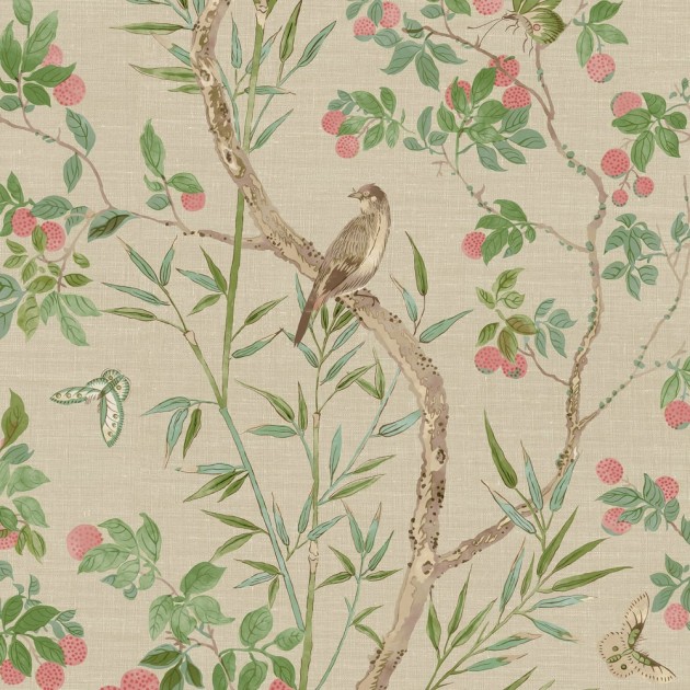 Thibaut T42009 Sojourn Claire Coral and Green - tapeta w drzewo i ptaki