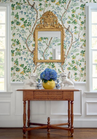 Thibaut T42009 Sojourn Claire Coral and Green - tapeta w drzewo i ptaki