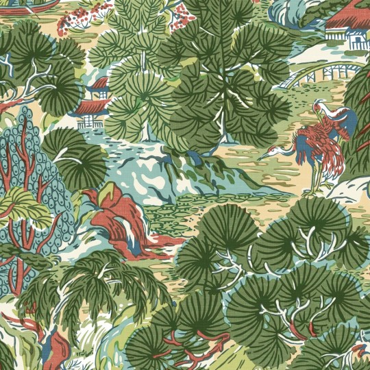 Thibaut T42022 Sojourn Pagoda Trees Coral and Green - tapeta w roślinny krajobraz w stylu chinoiserie