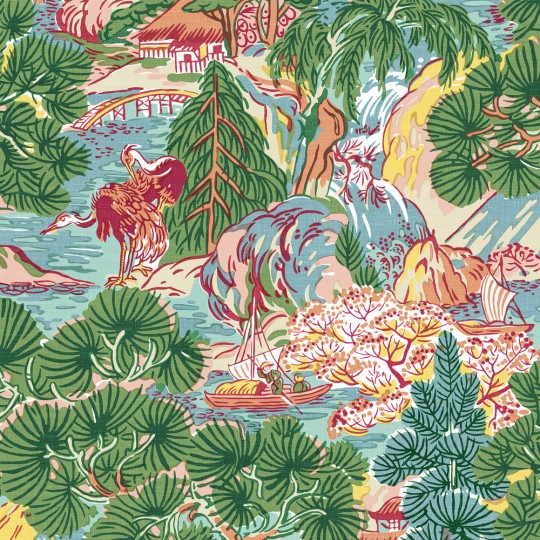 Thibaut T42026 Sojourn Pagoda Trees Pink and Green - tapeta w roślinny krajobraz w stylu chinoiserie