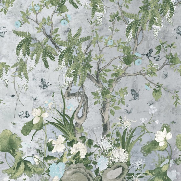 Thibaut TM42053 Sojourn Wild Wisteria Mural Metallic Silver - mural w roślinny wzór