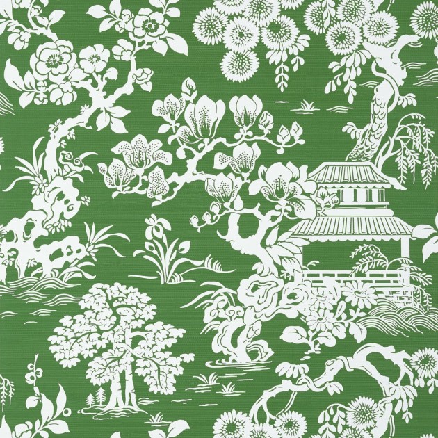 Thibaut T13304 Pavilion Japanese Garden Emerald - tapeta w motyw japońskiego ogrodu