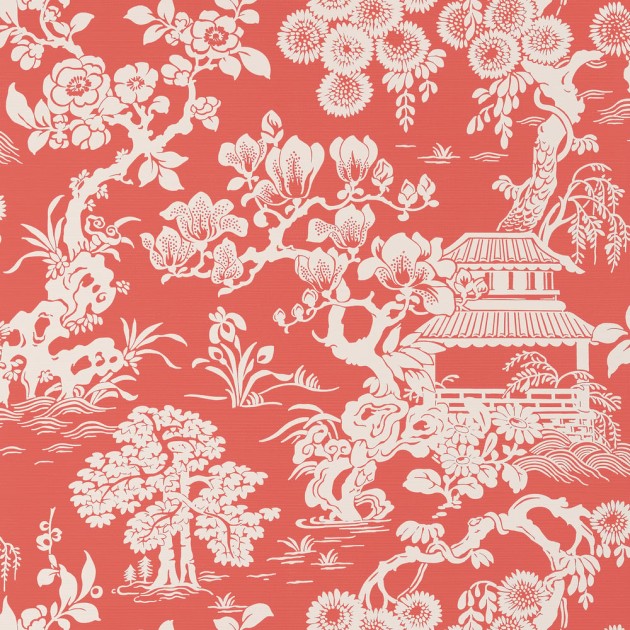 Thibaut T13305 Pavilion Japanese Garden Coral - tapeta w motyw japońskiego ogrodu