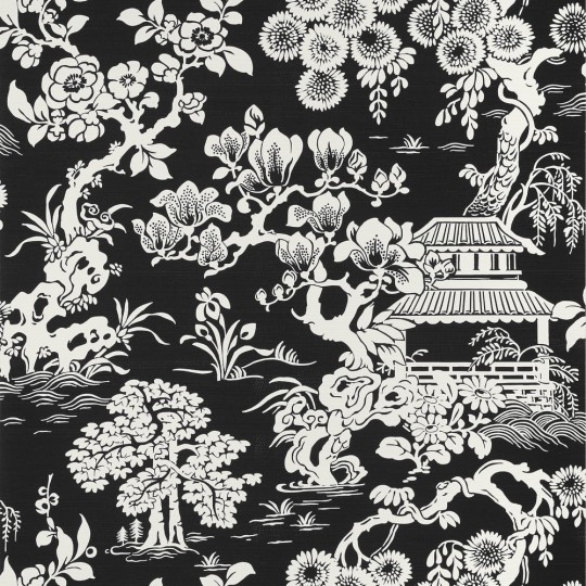 Thibaut T13308 Pavilion Japanese Garden Black - tapeta w motyw japońskiego ogrodu