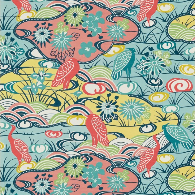 Thibaut T13331 Pavilion Heron Stream Coral and Aqua - tapeta w orientalny motyw