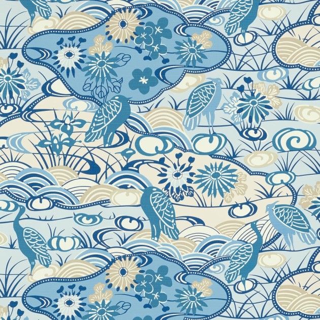 Thibaut T13332 Pavilion Heron Stream Blue - tapeta w orientalny motyw