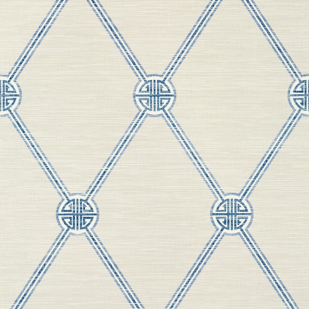 Thibaut T13351 Pavilion Turnberry Trellis Beige and Blue - tapeta w kratownicę na tle imitującym materiał