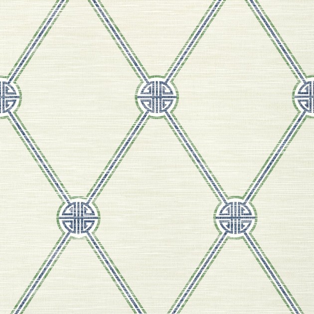 Thibaut T13352 Pavilion Turnberry Trellis Beige and Green - tapeta w kratownicę na tle imitującym materiał