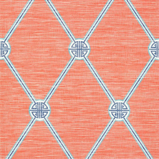 Thibaut T13353 Pavilion Turnberry Trellis Coral - tapeta w kratownicę na tle imitującym materiał