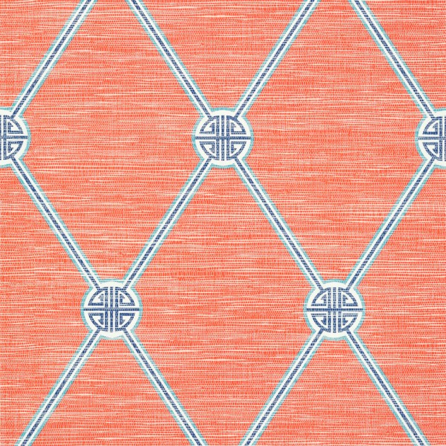 Thibaut T13353 Pavilion Turnberry Trellis Coral - tapeta w kratownicę na tle imitującym materiał