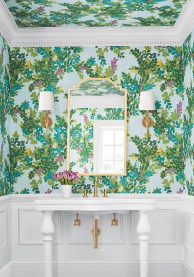 Thibaut T14331 Canopy Central Park Navy and Pink - tapeta w liście i kwiaty