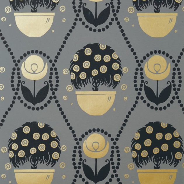Thibaut T2957 Paramount Rene Metallic Gold on Charcoal - tapeta w kwiaty i drzewa doniczkowe