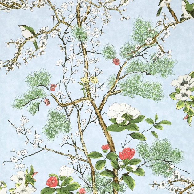 Thibaut T13620 Grand Palace Katsura Spa Blue - tapeta w ptaki i liście