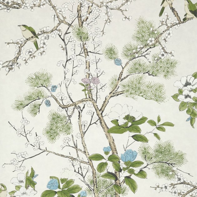 Thibaut T13622 Grand Palace Katsura Cream and Lavender - tapeta w ptaki i liście