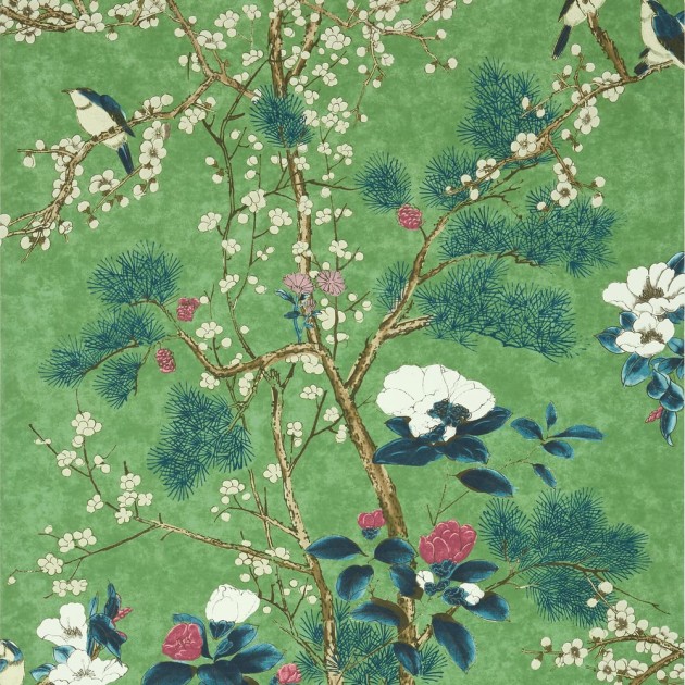 Thibaut T13623 Grand Palace Katsura Emerald - tapeta w ptaki i liście