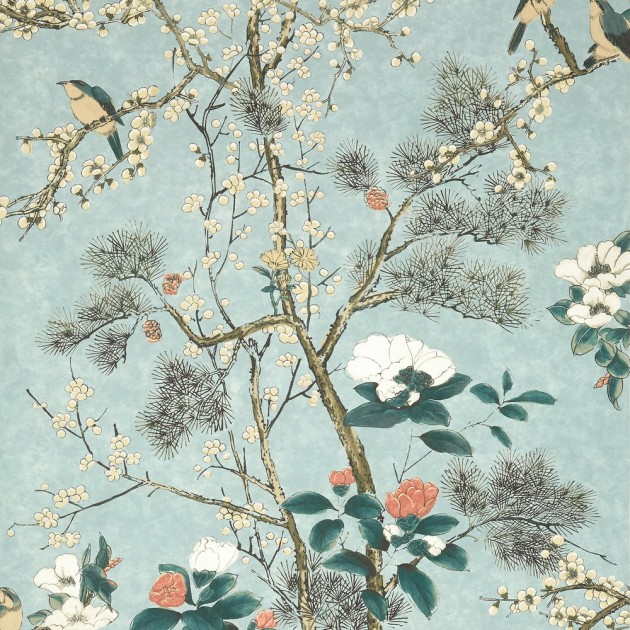 Thibaut T13625 Grand Palace Katsura Mist - tapeta w ptaki i liście