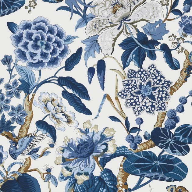 Thibaut T13659 Grand Palace Hill Garden Blue and White - tapeta w kwiaty i liście