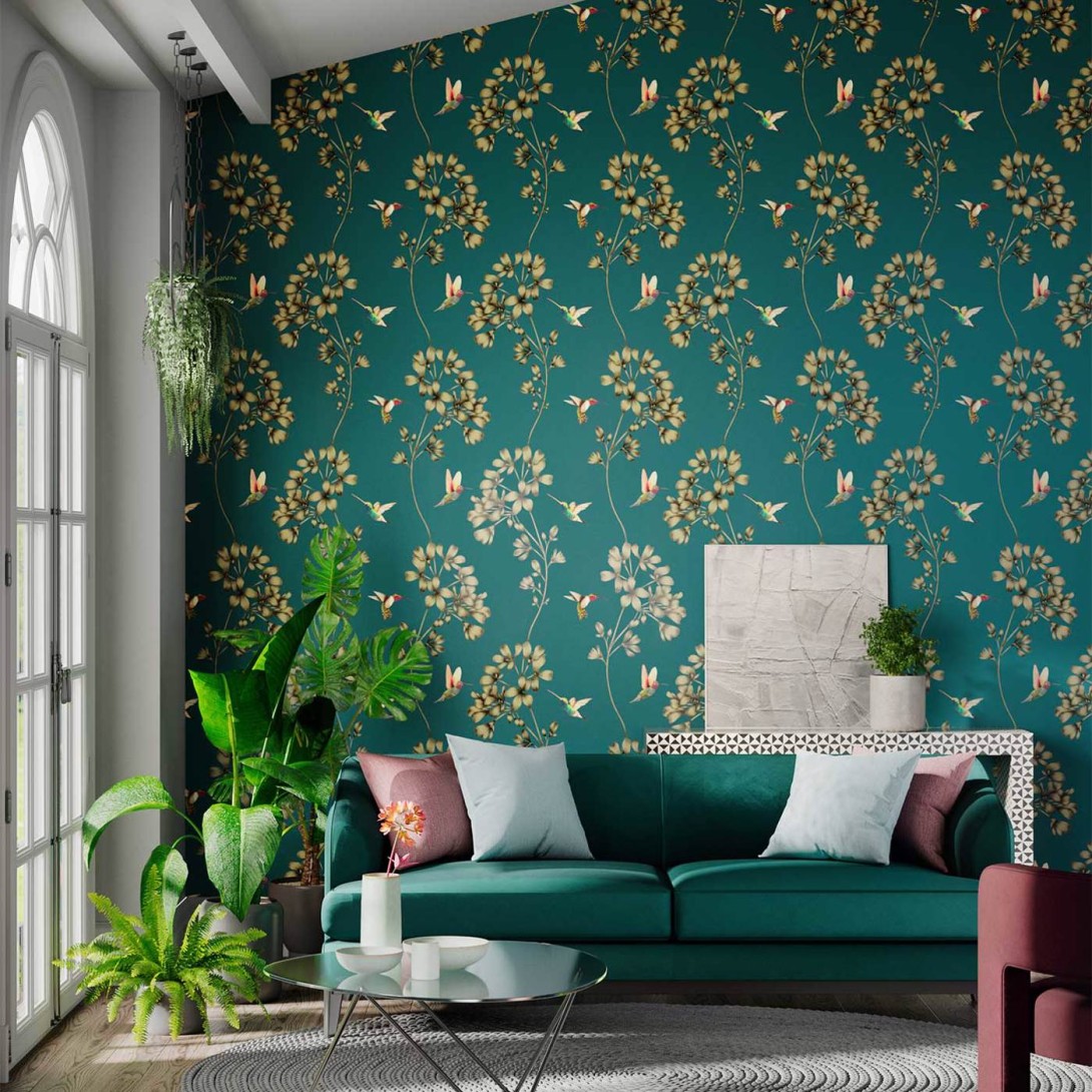 Harlequin 112604 Colour Amazilia Teal - tapeta w kwiaty i kolibry