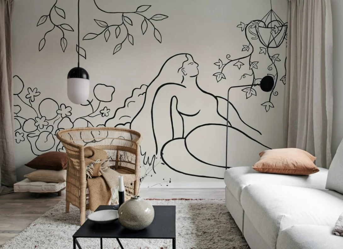 Rebel Walls R21235 Symbolic Lush Lines Black & White - mural w kobiecą sylwetkę i rośliny