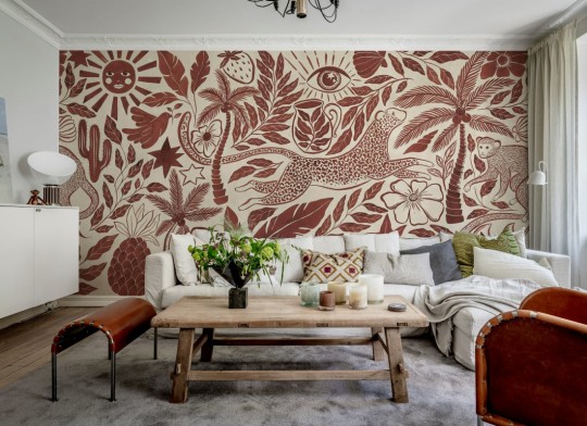 Rebel Walls R20504 Symbolic Midnight Tropics Red - mural w dzikie zwierzęta i rośliny