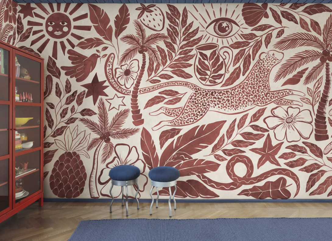 Rebel Walls R20504 Symbolic Midnight Tropics Red - mural w dzikie zwierzęta i rośliny