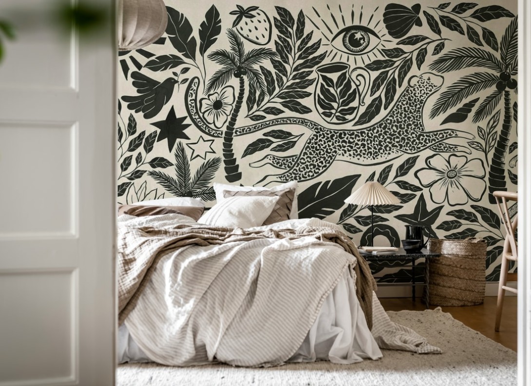Rebel Walls R20505 Symbolic Midnight Tropics Black & White - mural w dzikie zwierzęta i rośliny