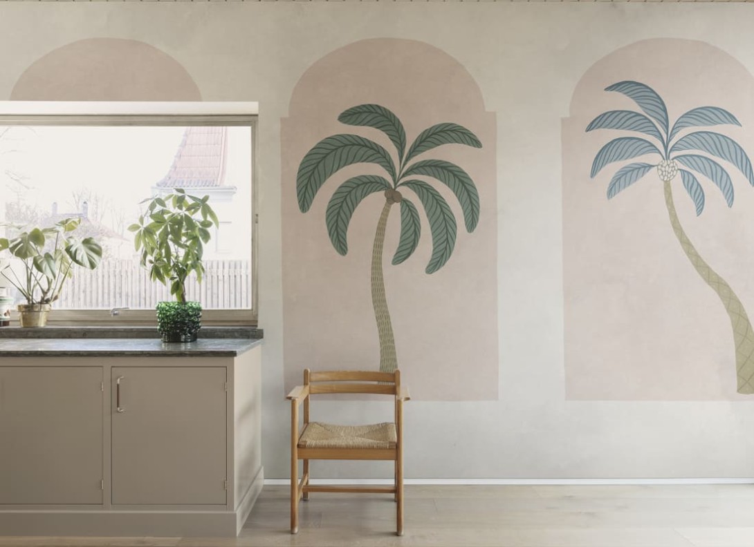 Rebel Walls R21252 Symbolic Palm Arches Green & Pink - mural w łuki i palmy