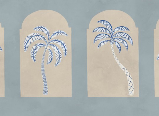 Rebel Walls R21253 Symbolic Palm Arches Blue - mural w łuki i palmy