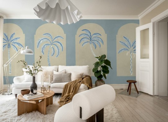 Rebel Walls R21253 Symbolic Palm Arches Blue - mural w łuki i palmy