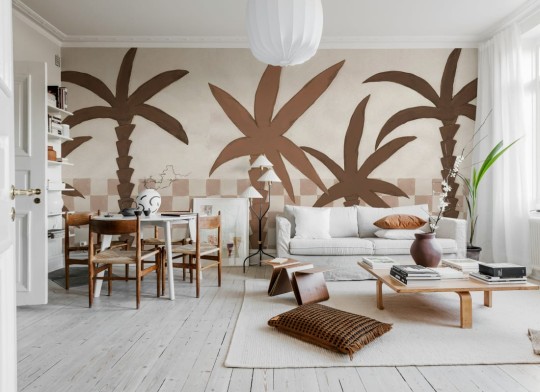Rebel Walls R20493 Symbolic Palm Horizon Light Brown - mural w palmy i kratkę