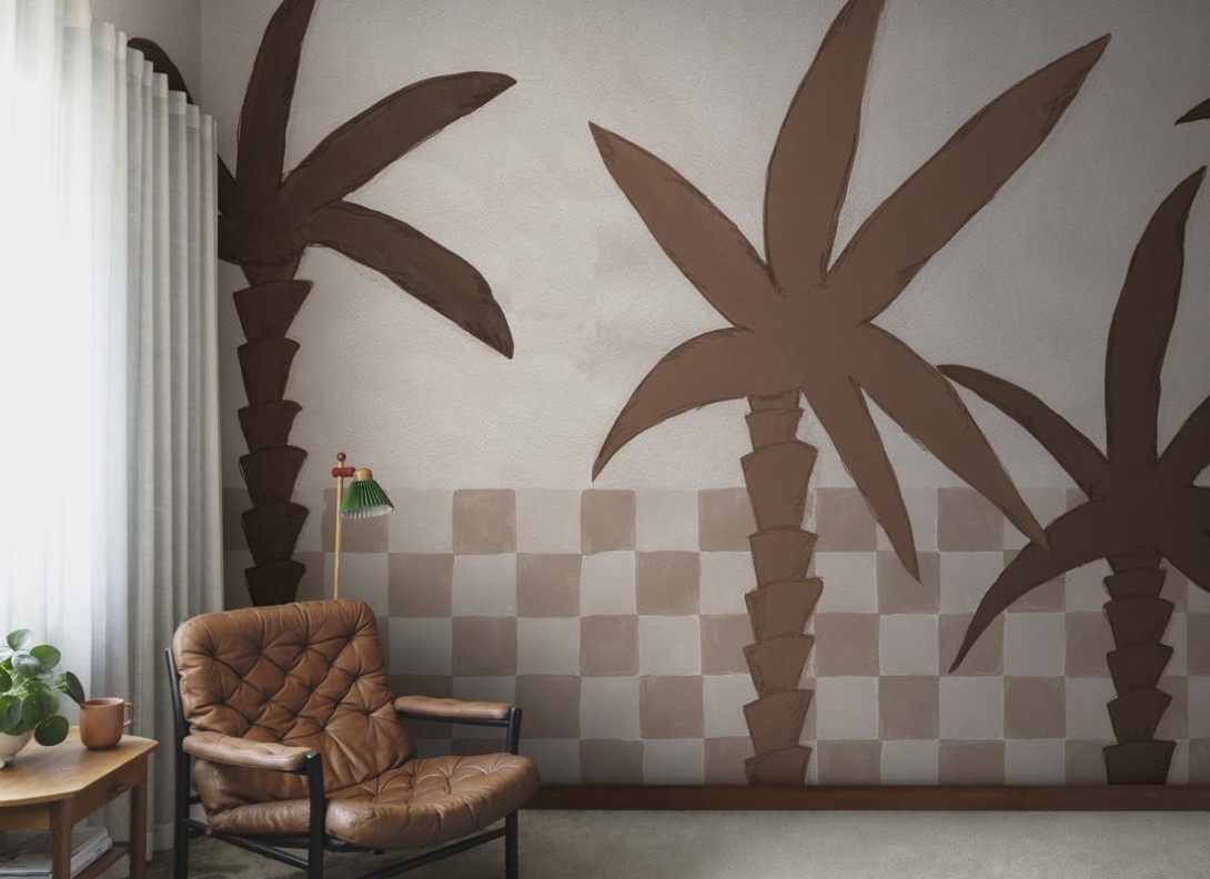 Rebel Walls R20493 Symbolic Palm Horizon Light Brown - mural w palmy i kratkę
