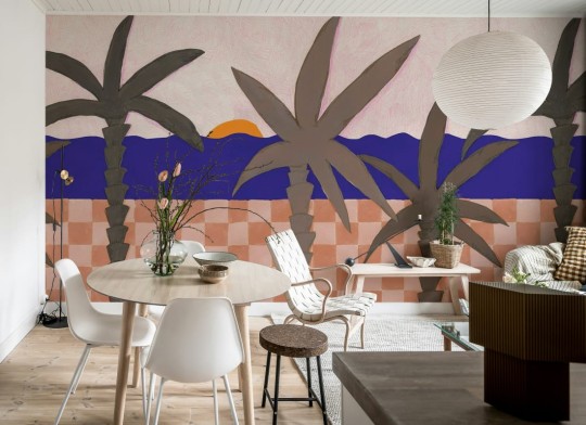 Rebel Walls R20494 Symbolic Palm Horizon Sunset - mural w palmy i kratkę