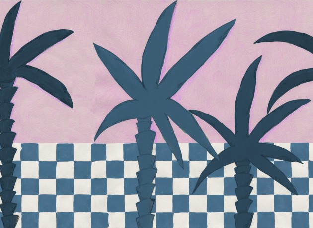 Rebel Walls R20495 Symbolic Palm Horizon Blue & Pink - mural w palmy i kratkę